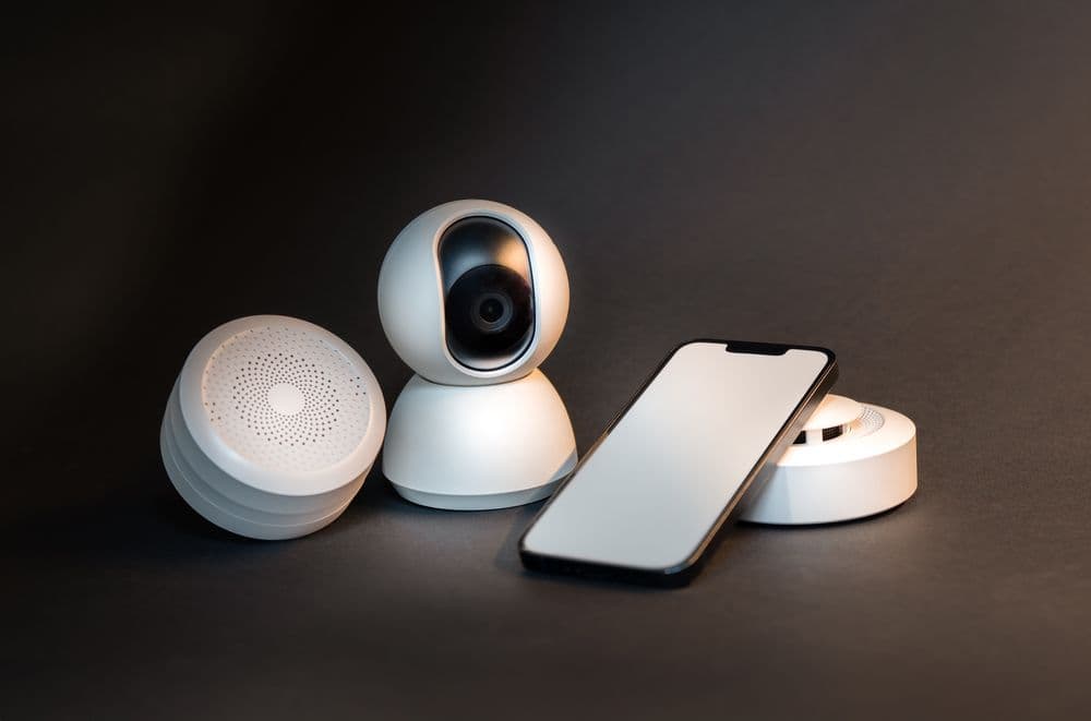 Smart home gadgets — camera, sensor and phone — ready for setup